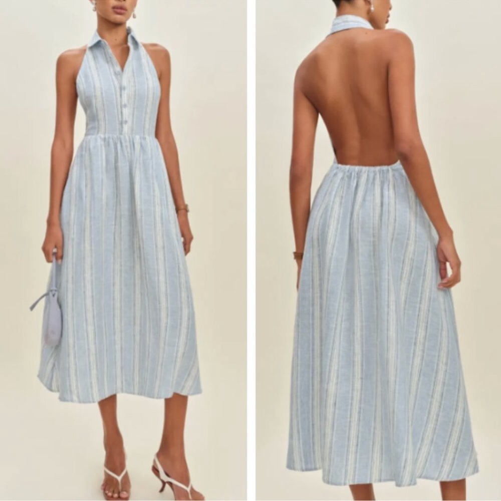 Reformation Light Blue & White Striped Halter Midi Dress - Picture 2 of 7